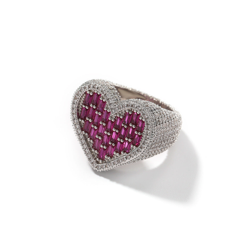 Hip-hop T-square heart-shaped zircon ring