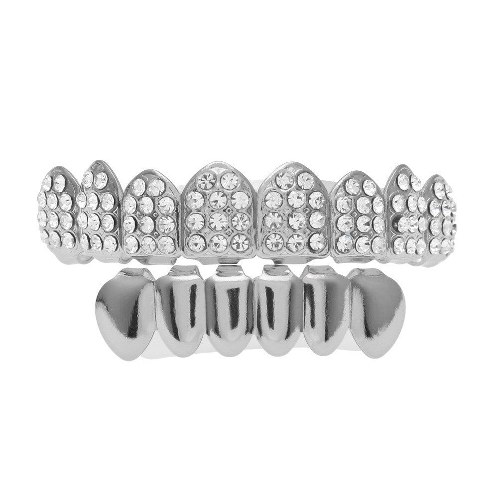 Hip-hop diamond-encrusted and gold-plated teeth grillz