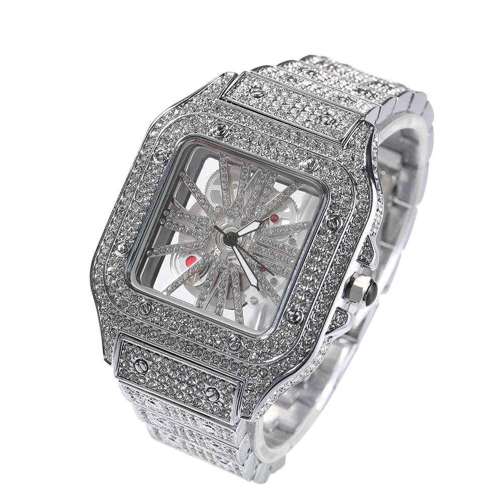 Hip-hop diamond-encrusted hollowed-out square watch