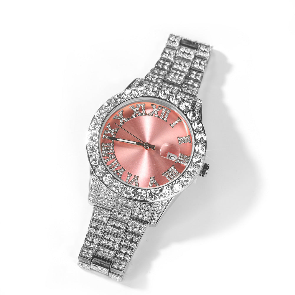 Hip-hop watch with Roman numerals and diamonds, large dial