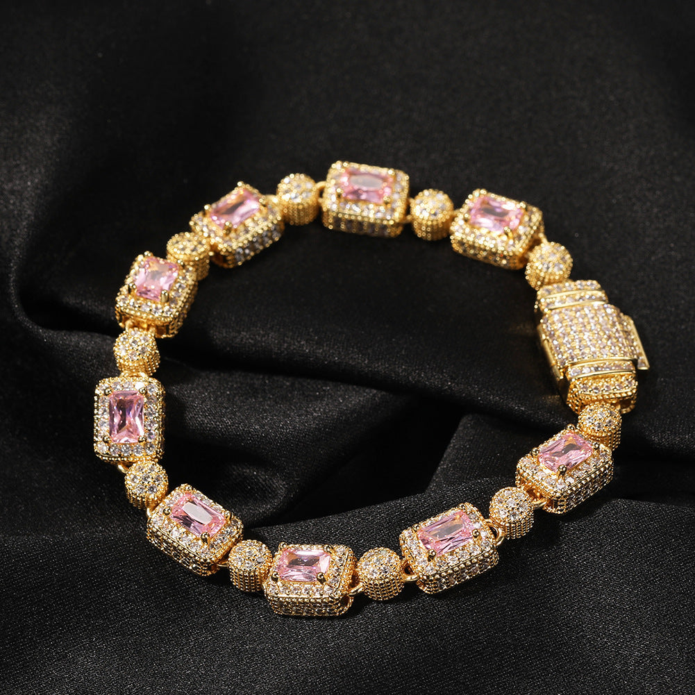 Copper inlaid pink zircon hip-hop bracelet