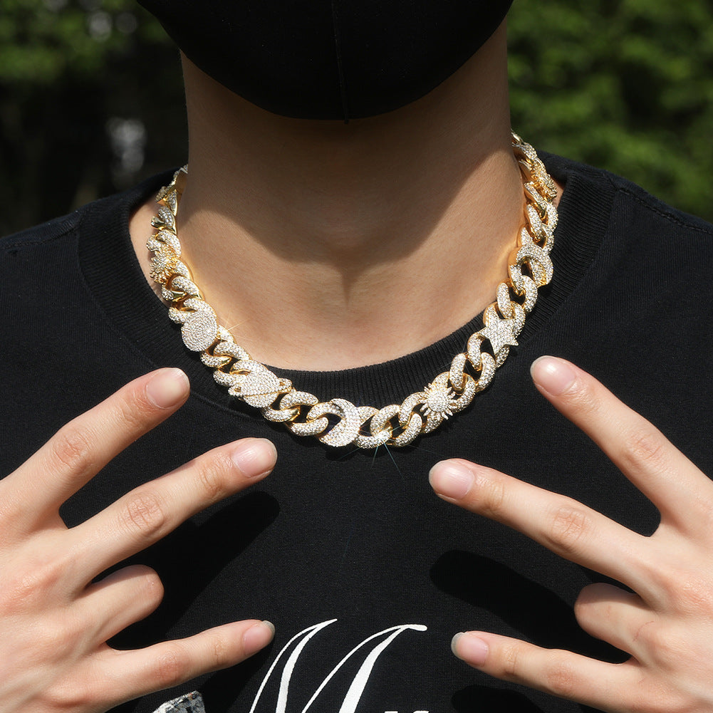 Hip-hop zircon-encrusted sun, star and eye necklace