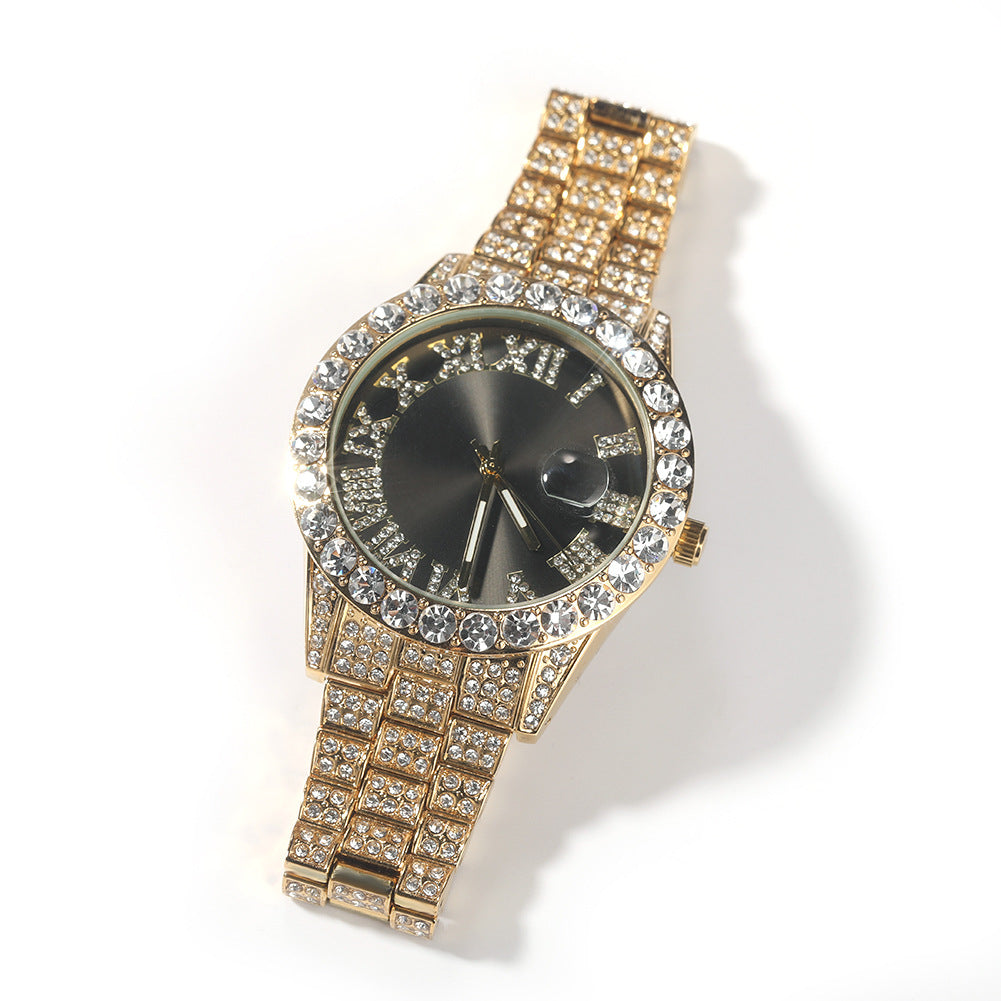 Hip-hop watch with Roman numerals and diamonds, large dial