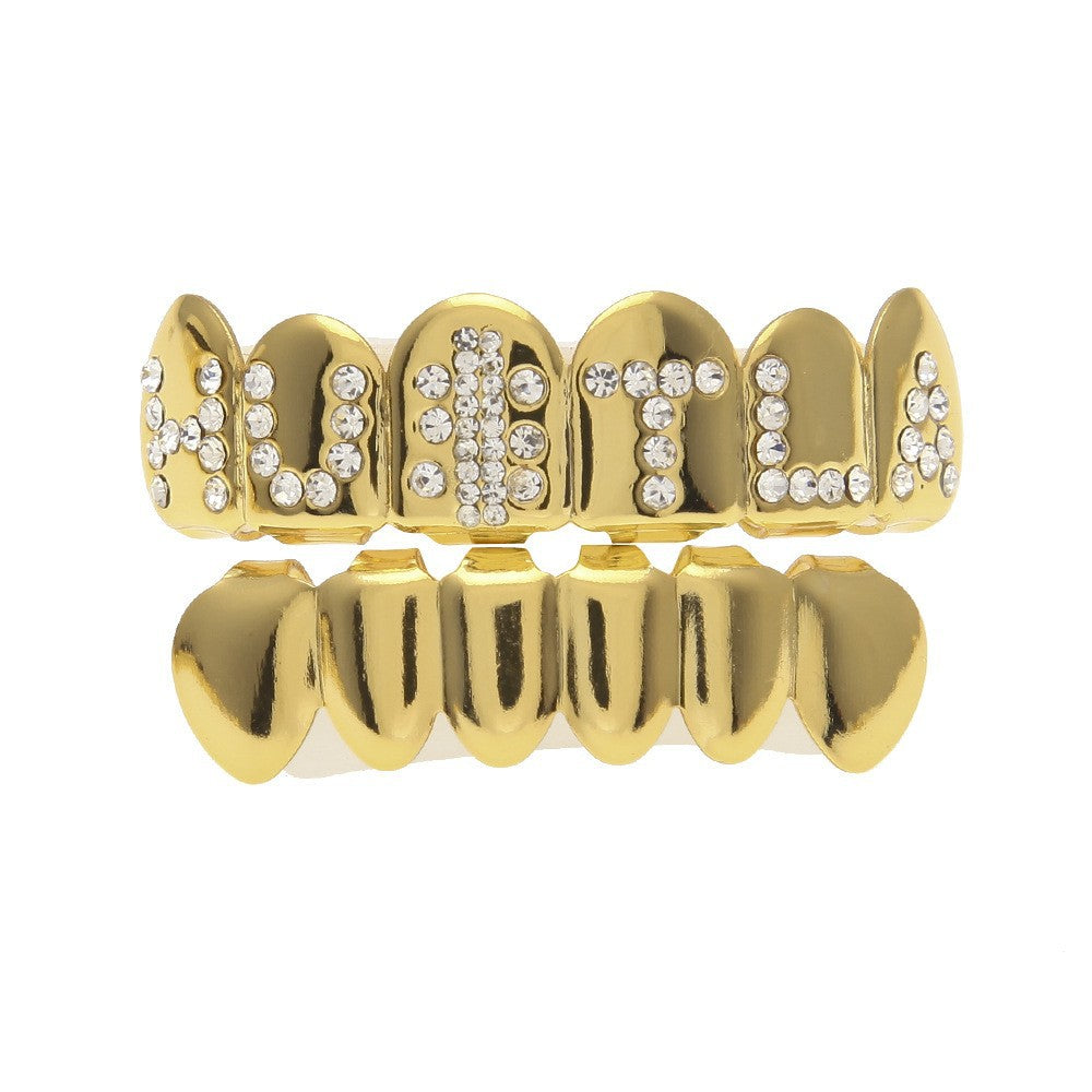 Hip-hop diamond-encrusted and gold-plated teeth grillz