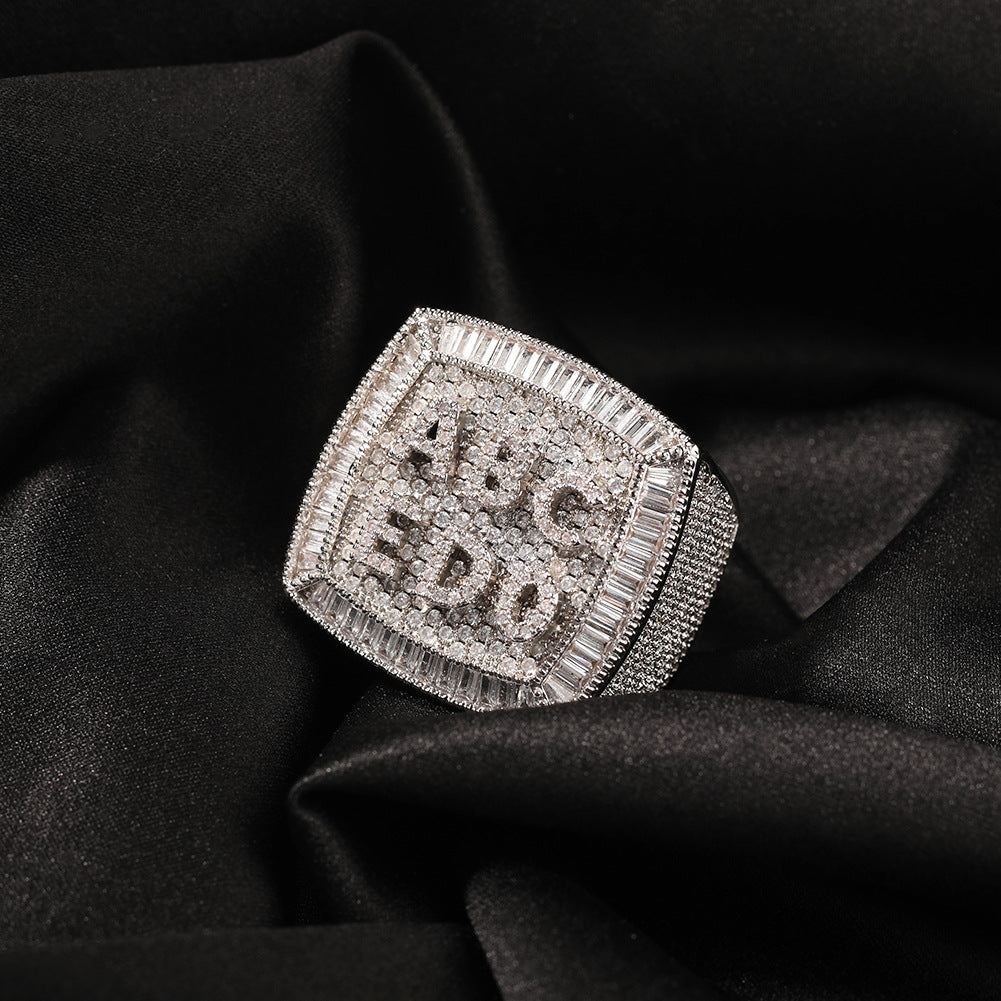 Hip-hop diamond-encrusted zircon DIY letter square ring